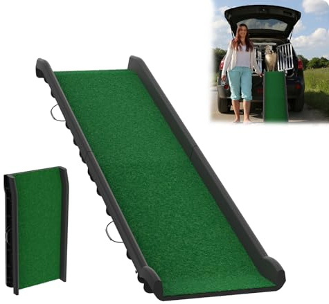 Aufun Klappbare Hunderampe mit Kunstrasen, Robuste Auto Hundetreppe für Haustiere, Anti-Rutsch, Kofferraum Hundeautorampe Einstiegshilfe Haustiertreppe für Große & Kleine, bis 90 kg, 156x40cm, Grün