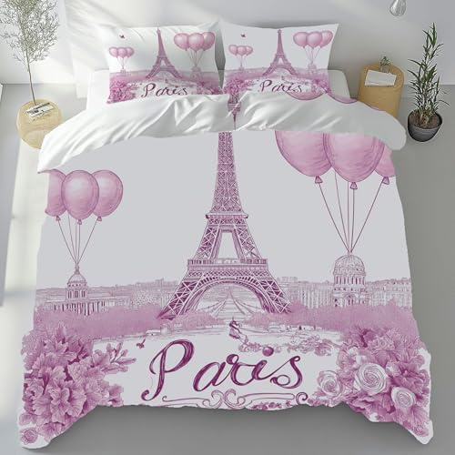 Meugesoi Tour Eiffel Housse de Couette 90x190 cm Paris Romantique Parure de Lit Enfant Rose Ballons Housse de Couette en Microfibre avec Fermeture Éclair et 1 Taie d'oreiller 65x65 cm