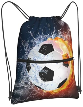 Newhomestyle Kids Football Drawstring Bags for Boys Girls, Outdoor Sports Themed Drawstring Backpack, Casual Adults Water and Fire Soccer Printed Knapsack for Gym Travel Swimming Hiking Camping