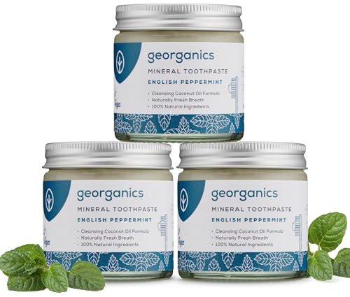 Georganics Mineral Toothpaste - 120ml x3 Pack - Peppermint Flavour - Fluoride, SLS & Glycerine Free - Non-Foaming Natural Toothpaste with Virgin Coconut Oil - Certified Cosmos, Vegan and Cruelty-Free