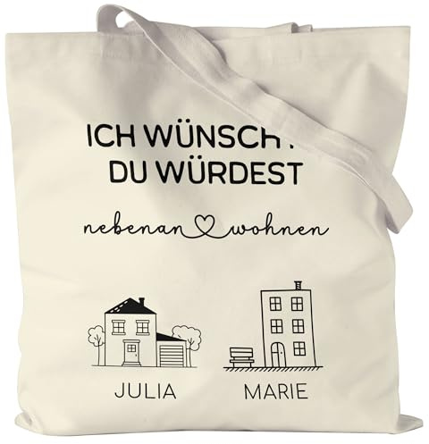 Kiddle-Design Tragetasche personalisiert Beste Freundin - Ich wünschte du würdest nebenan wohnen - Geschenkidee Schwester Freundinnen BFF, Abschiedsgeschenk, Freundschaftsgeschenk Jutebeutel