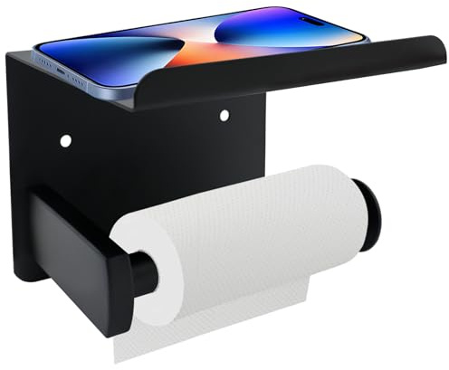 Toilet Roll Holder Stainless Steel Wall Mounted Toilets Paper Racks Holder Toilet Tissue Holder with Phone Shelf Screw-in or Self Adhesive Rust Resistant For Bathroom Washroom Kitchen (Black)