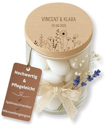Happy Box Personalisierbares Vorratsglas mit Holzdeckel – Geschenk zur Hochzeit – Glas mit Gravur & Deko – Gastgeschenk - [einzeln - S/M/L - 0,2-0,8 L] - Deko Hochzeit (Blumenwiese, L: 880ML)