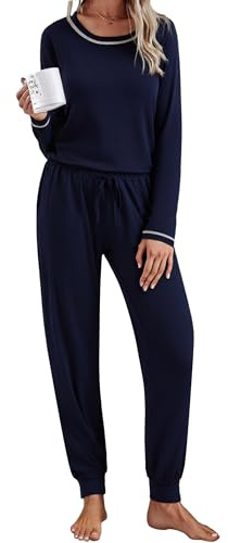 Aseniza Women's Pyjamas Sets Long Sleeve Cotton Pjs Soft Ladies Loungewear Sleepwear Nightwear Top & Pants with Pockets Dark Blue, M