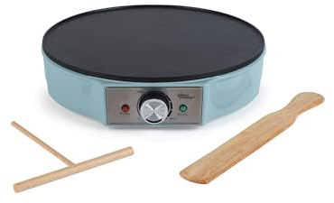Giles & Posner Crêpière – Plaque Chauffante Électrique pour Crêpes, Antiadhésive, Grande Plaque de 30 cm (12”), Température Ajustable, Répartiteur de Pâte & Spatule, 1000W, Bleu