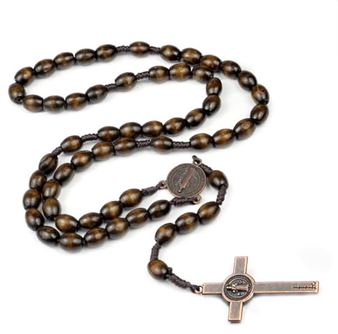 WeddHuis Katholisch Rosenkranz Kette Holz Gebetskette mit Jesus Kreuz und Heiliger Benedikt Medaille Christliche Halskette für Herren und Damen