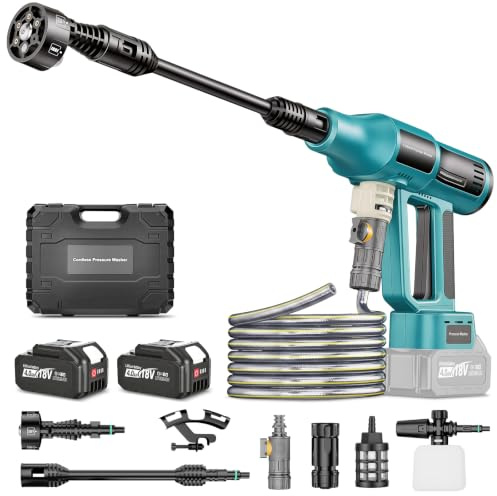 Hidrolimpiadora Bateria 80Bar, Pistola de Agua a Presión Portátil con Boquilla 6 en 1, 2 Baterías 18V 4.0Ah, Manguera de 5 m, Compatible con Makita 18V, Hidrolimpiadora Alta Presión para Coche, Jardín