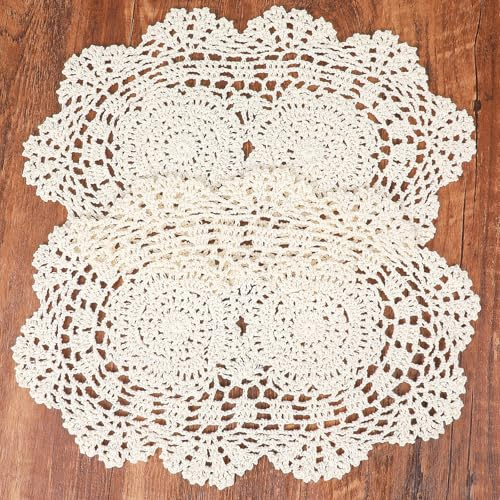 Shimmeroo 2Pcs Lace Crochet Doilies for Tables | Oval Vintage Handmade Lace Doilies Laces Placemats Boho Doilie for Bedrooms Kitchen Dining Room