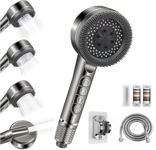 Filtered Power Shower Head and Hose - 1.5m, 15-Stage Filtered Showerhead, High Pressure Shower Heads 4 Spray Modes & Silicone Brush, Pause Switch, Chlorine Removal for Skin and Pet Bathing, Gray