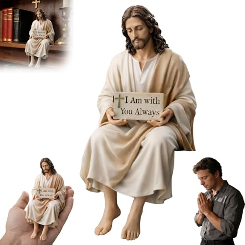 Sbyhbhyds Jesus-Statue aus Kunstharz,handgefertigte sitzende Jesus-Figur mit Schriftzug „I Am with You Always“,inspirierendes Geschenk für Ostern,Dekoration für Auto,Wohnzimmer oder Schreibtisch