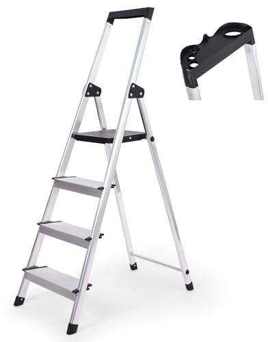 Sekey Aluminium Trittleiter 4 Stufen (140 cm), Klappbar, mit Werkzeugablage, rutschfest, bis 150 kg Belastbar, TÜV EN131-2, für Haushalt, Garage & Garten