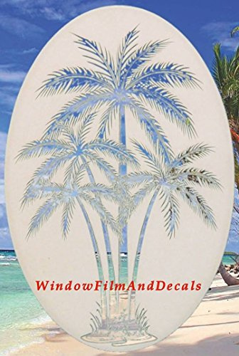 Oval Palm Tree Etched Window Decal Vinyl Glass Cling - 21 x 33 - White with Clear Design Elements