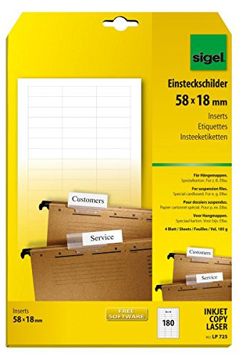 sigel Einsteckschilder für Hängemappen 58x18mm (A4), 185 g, Inh. 180 ST=4 BL