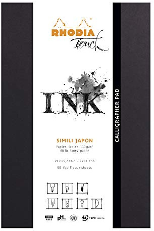 Rhodia 116123C – Anteckningsblock calligraph-dyna, limmad på huvudsidan, DIN A4 (21 x 29,7 cm), 50 ark mikroperforerade, tom, Clairefontaine-papper Simili Japon elfenben 130 g, svart, 1 styck
