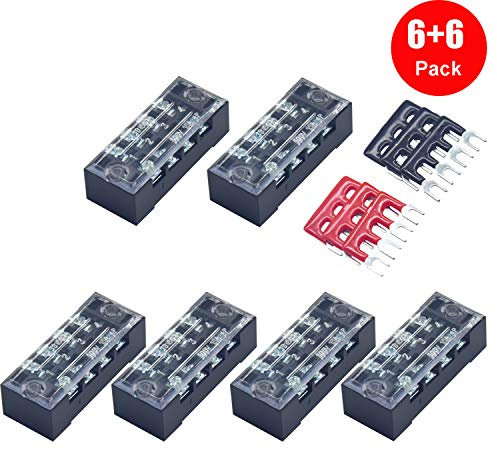 Yosawo 6 unidades de bornes de doble fila, 4 posiciones, 600 V 15 A + 6 unidades de 4 posiciones, aislados, barrera de terminal, color rojo/negro, 400 V 15 A (1504)