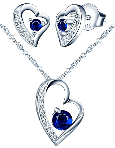 Yumilok Schmuckset Damen 925 Sterling Silber Halskette & Ohrringe Set, Herz Anhänger mit 45cm Kette & Ohrstecker mit blau Zirkonia für Mädchen