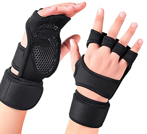 Chiyyak Guantes de fitness con muñequeras antideslizantes, de silicona, acolchados, con muñequera para entrenamiento de fuerza, levantamiento de pesas, 1 par