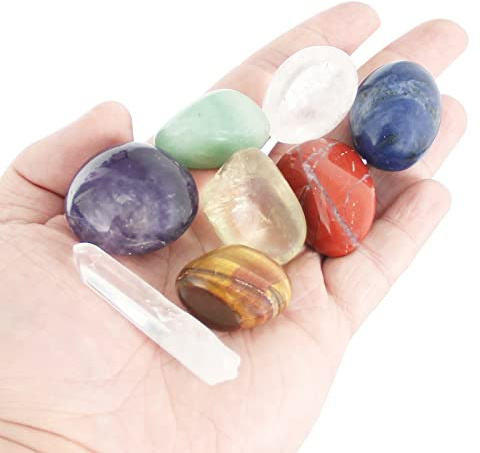 Set av klar kvartsstav och 7 chakra helande stenar, röd jaspis, tigeröga, cidrickkristall, grön aventurin, sodalit, ametist, klar kvarts, för meditation, bekymmersstenar, dekoration
