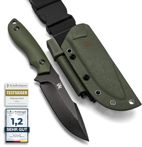 ODENWOLF Utomhuskniv AMBULO med Kydex hölster – ädel jaktkniv tillverkad av ett stycke D2-stål – DAS Bushcraft kniv – perfekt överlevnadskniv (grön – stonewash)