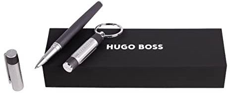 Hugo Boss Schreib-Set Gear Ribs Gun Tintenroller & Schlüsselring aus Aluminium, Messing, Farbe Silber/Pastellgrau/Dunkelgrau, Abmessungen: 200 x 62 x 34 mm, HPKR306D