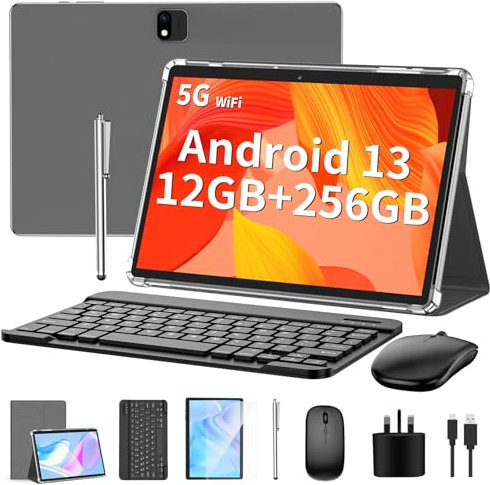 QDDQ Android Tablet with Keyboard, Android 14 Tablet, 12(6+6) GB+256GB, 1TB Expand, 2 in 1, Mouse, Stylus, 8000mAh Battery, 2.4G/5G WiFi, GPS, Certified, Silver Case
