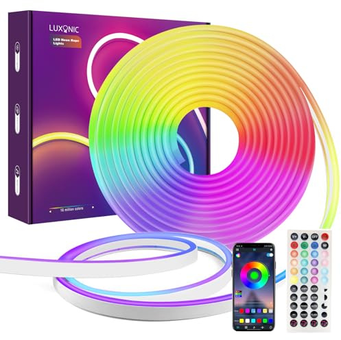 LUXONIC 10M Bluetooth RGB LED Strip Neon Lichter mit Fernbedienung, IP65 Wasserdicht, flexibel, für DIY Dekoration, Spielzimmer, TV, Party und Schlafzimmer