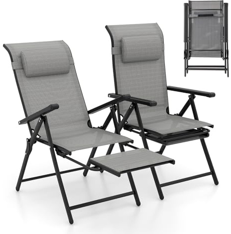 GOPLUS 2er Set Gartenstühle klappbar, Klappstuhl mit 10-Fach Verstellbarer Rückenlehne & ausziehbaren Fußstützen, Balkonstuhl wetterfest bis 150kg belastbar, Terrassenstühle für Garten Balkon