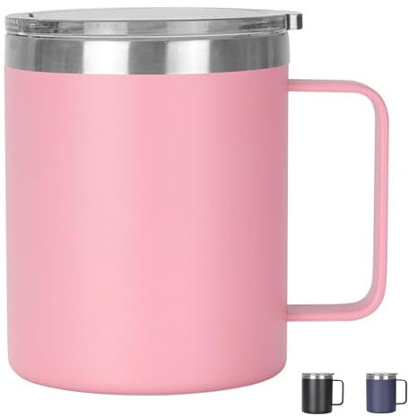 Thermal Mug, Insulated Coffee Mug with Handle and Sliding & Straw Lid, Leakproof Reusable Double Walled Vacuum Stainless Steel Travel Camping Cafe Tumbler Cup,Dishwasher Safe (Pink, 12 oz)