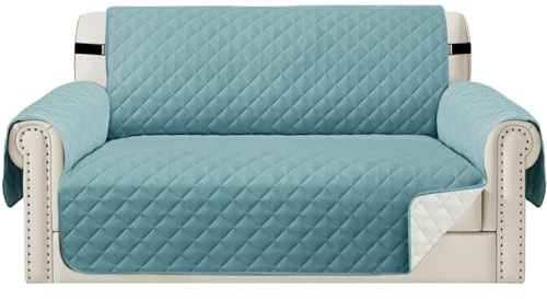 Teynewer Sofa Covers 2 Seater Water Repellent Reversible Sofa Slipcovers Loveseat Couch Settee Covers Non-Slip Furniture Slipcovers with Elastic Straps for Kids Pets, Blue/Beige