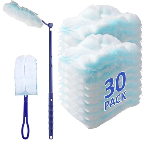 30 Pcs Fluffy Dusters Refills, Disposable Electrostatic Duster with 1 Handle and 1 Dust Magnet Telescopic Pole, Dust Magnet Refill for for Home and Car Cleaning