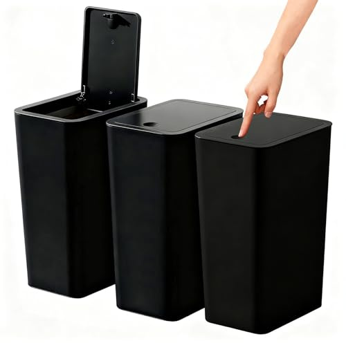 Stowetry 3 Pack Bedroom Bin,10L Plastic Bathroom Bin with Lid | Slim Push Button Thin Trash Can,Dog Proof Narrow Garbage Can for Toilet,Kitchen,Bathroom,Bedroom,Office,Living Room (Black)