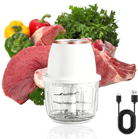 Hachoir Manuel, Hachoir électrique, 350 ml, 6 lames en acier inoxydable, avec câble de chargement Type-C pour la cuisine à la maison et les sorties en camping (Blanc)