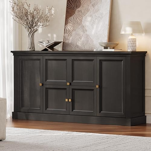 ONBRILL 63 Large Buffet Cabinet with Storage, Farmhouse Sideboard Cabinet with Grooved Barn Doors, Wood Rustic Kitchen Buffet Table Coffee Bar Storage Cabinet for Kitchen, Living Room (Black)