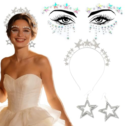 3PCS Sterne Haarreif Silber Sterne Stirnband Strass Haarband Gesichtstattoo Sterne Haarreifen Silber Glitzer Haarschmuck für Damen 16×18 cm Party Kostüm Karneval Fasching Halloween Geburtstag