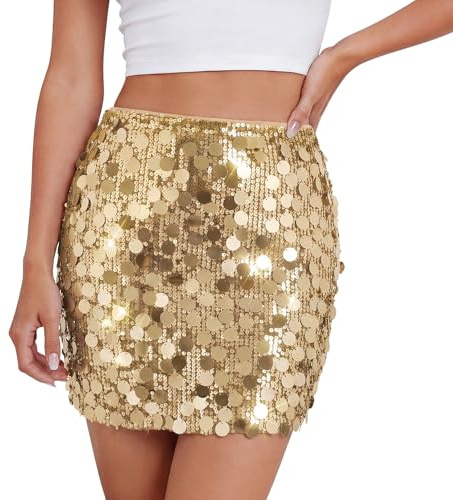 LEACOOLKEY Sequin Skirt for Women Sparkly Stretchy Mini Glitter Shiny Skirt for Party Concert Club Night Outfits & Festival,Gold,S