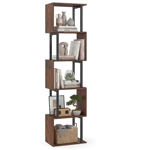 GIANTEX Librería en forma de S, estantería de libros de 5 niveles con estructura de metal y kit antivuelco, mueble contenedor para salón, dormitorio y oficina, 38 x 23 x 147 cm (marrón)