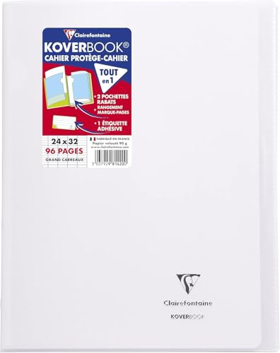 Clairefontaine 981420SC QUADERNO a punto metallico Koverbook Incolore - 24x32 cm - 96 pagine a quadretti grandi - Carta bianca 90g - copertina in polipropilene