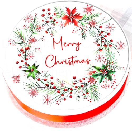 Christmas Cake Topper - Merry Christmas Wreath Cake Decoration - Edible Icing or Wafer - 7.5 / 19cm Round (Edible Icing)