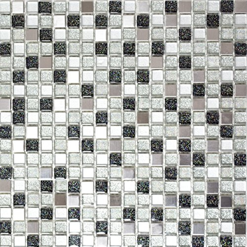 Glasmosaik kvadrat kristall/stålblandning silver/svart genomskinlig 3D, mosaiksten format: 15 x 15 x 8 mm, bågstorlek: 305 x 322 mm, 10 ark