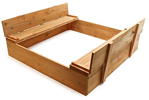 Wiltec Bac à Sable – 98 x 98 x 18 cm – en Bois – avec Couvercle Repliable, 2 Bancs intégrés avec Dossier – Jeux extérieur Enfants