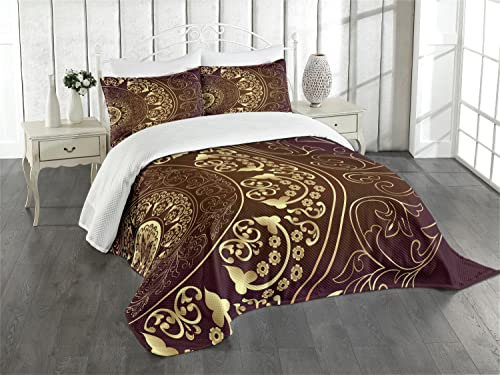 ABAKUHAUS Mandala Tagesdecke Set, Weinlese-ethnischer Asiat, Set mit Kissenbezügen Sommerdecke, für Doppelbetten 264 x 220 cm,Bordeauxrot Gelb