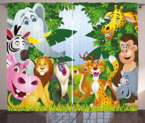 ABAKUHAUS Kindergarten Rustikaler Vorhang, Safari-Dschungel Lustig, Wohnzimmer Universalband Gardinen mit Schlaufen und Haken, 280 x 225 cm, Grün Gelb