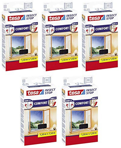 tesa Insect Stop COMFORT Fliegengitter Fenster - Insektenschutz mit Klettband selbstklebend - Fliegen Netz ohne Bohren (5er Pack /130 cm x 150 cm, Anthrazit (Durchsichtig))