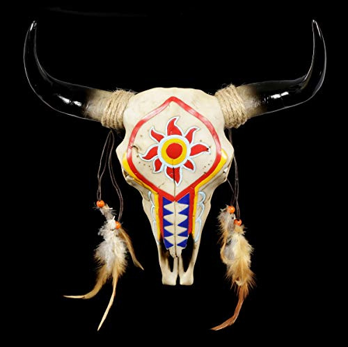 Figuren Shop GmbH Wandrelief Fantasy Stier Schädel - Indianer Look | Gothic Wandskulptur, Western-Deko, Wand-Deko, Deko-Figur, Deko-Artikel, zum Hängen, H 28 cm