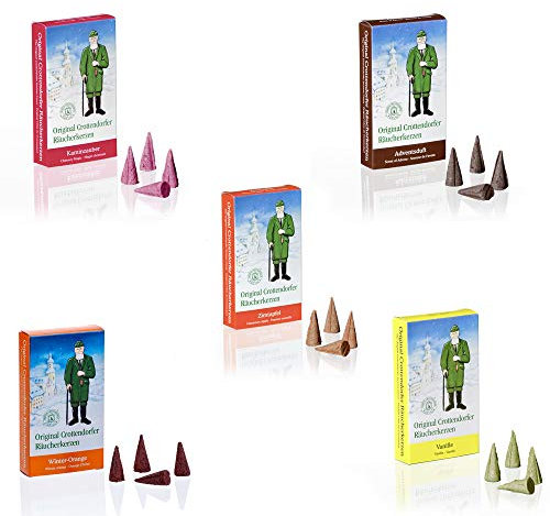 Crottendorfer Räucherkerzen - Conos de incienso para Navidad - 5 paquetes, 120 unidades, tamaño M - Campana de caña, naranja invierno, aroma de adviento y vainilla