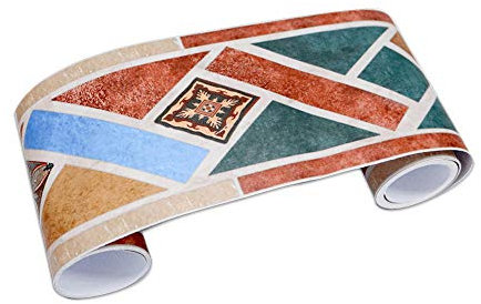 Selbstklebende Wandbordüre zum Aufkleben und Aufkleben, dekorative Bordüre für Badezimmer, Wohnzimmer, Küche, blau-grün-braune Grafiken, 10 × 300 cm