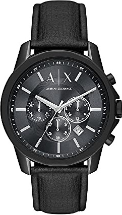 Armani Exchange Orologio da uomo, movimento cronografo al quarzo e cassa da 44 mm con cinturino in pelle, Nero e carbone