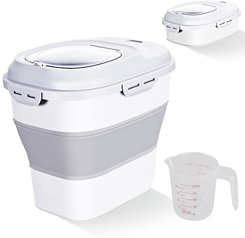 Cereal Rice Food Storage Containers, Collapsible 20 to 50 Lbs Dispenser Bin with Rolling Wheel Airtight Locking Lid, Dog Pet Cat Flour Sugar Plastic Leakproof Sealable Large Kitchen Pantry Holder