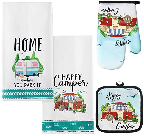 CHENGU 4 Pcs Camping Dish Towel Pot Holder Oven Mitt Gifts Camping Must Have Accessories Essentials Making Memories One Campsite at a Time RV Kitchen Towel Absorbent Soft Hand Dishcloth