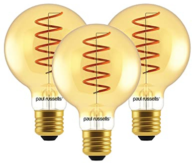 paul russells LED Spiral Filament Edison Screw Light E27 Globe G80, Vintage Industrial Bulbs - Pack of 3 – 25W Equivalent Replacement 4W 250LM Lumens 1800K ES Non-Dimmable Lamps - Retro Amber Glass